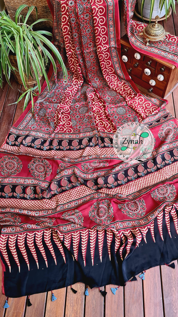 Zynah Pure Modal Silk Ajrakh Saree with Handblock Prints; Custom Stitched/Ready-made Blouse, Fall, Petticoat; Shipping available USA, Worldwide