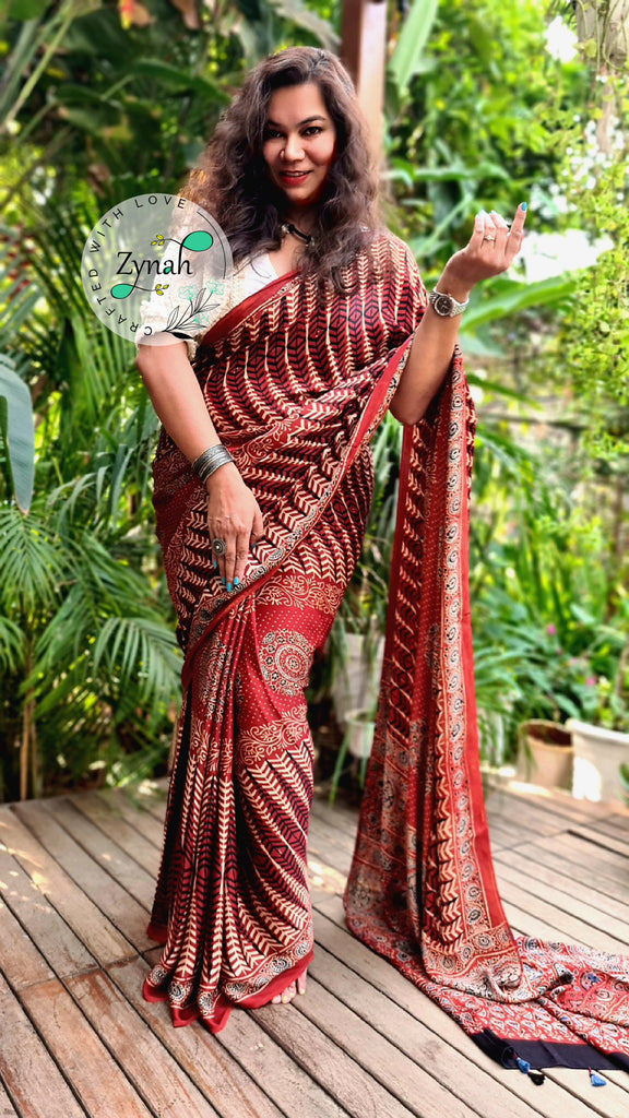 Zynah Pure Modal Silk Ajrakh Saree with Handblock Prints; Custom Stitched/Ready-made Blouse, Fall, Petticoat; Shipping available USA, Worldwide