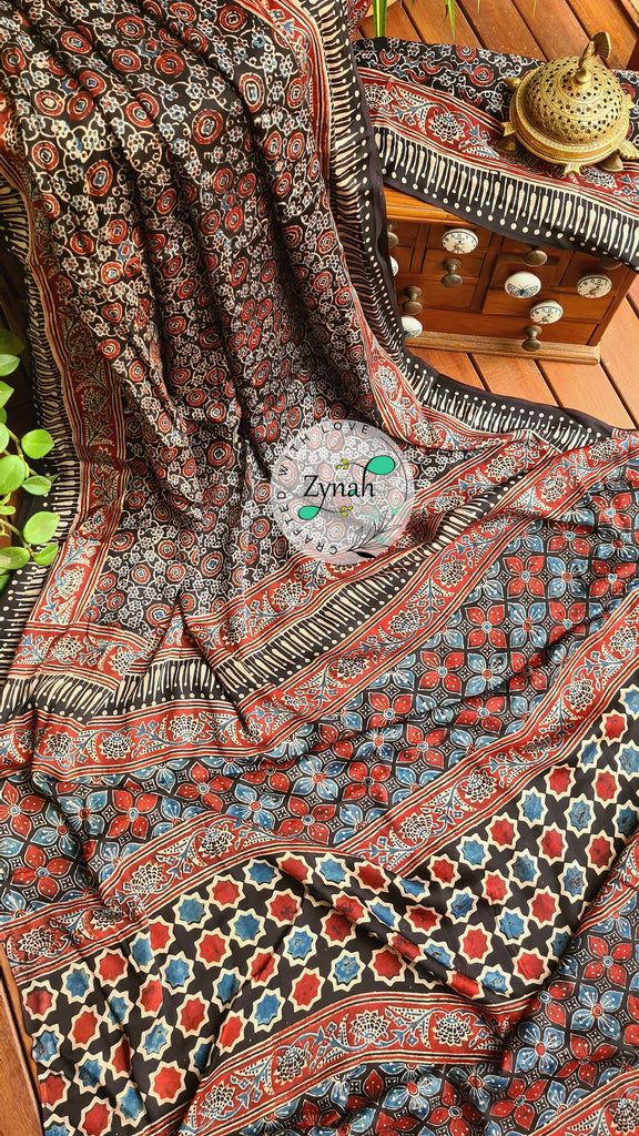 Zynah Pure Modal Silk Ajrakh Saree with Handblock Prints; Custom Stitched/Ready-made Blouse, Fall, Petticoat; Shipping available USA, Worldwide