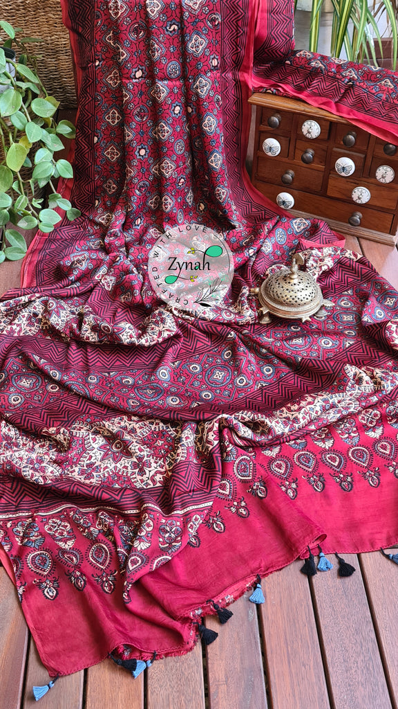 Zynah Pure Modal Silk Ajrakh Saree with Handblock Prints; Custom Stitched/Ready-made Blouse, Fall, Petticoat; Shipping available USA, Worldwide