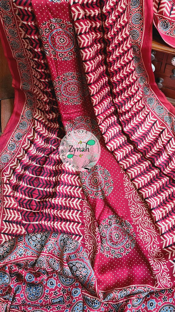 Zynah Pure Modal Silk Ajrakh Saree with Handblock Prints; Custom Stitched/Ready-made Blouse, Fall, Petticoat; Shipping available USA, Worldwide