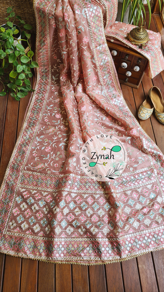 Zynah Pure Organza Silk Saree with Gotapatti Lace, Foil & Thread Embroidery Work; Custom Stitched/Ready-made Blouse, Fall, Petticoat; Shipping available USA, Worldwide