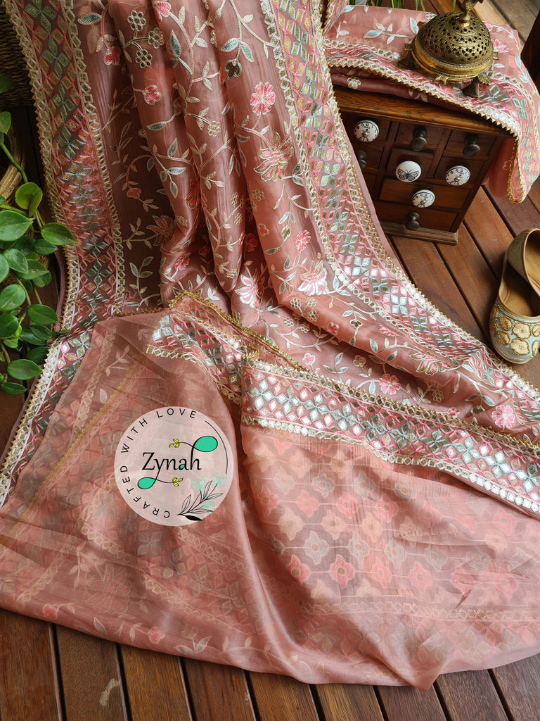 Zynah Pure Organza Silk Saree with Gotapatti Lace, Foil & Thread Embroidery Work; Custom Stitched/Ready-made Blouse, Fall, Petticoat; Shipping available USA, Worldwide