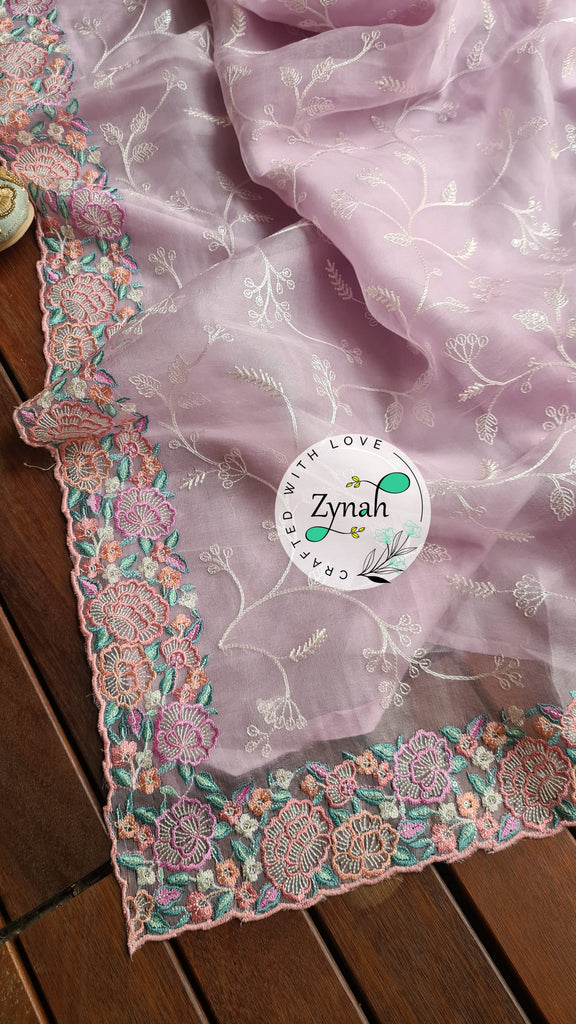 Zynah Pure Organza Silk Saree with Scalloped Border, Thread Embroidery & Sequence Work; Custom Stitched/Ready-made Blouse, Fall, Petticoat; Shipping available USA, Worldwide