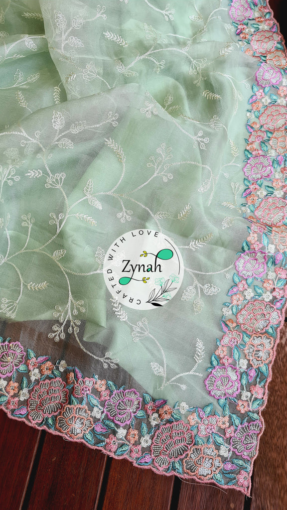 Zynah Pure Organza Silk Saree with Scalloped Border, Thread Embroidery & Sequence Work; Custom Stitched/Ready-made Blouse, Fall, Petticoat; Shipping available USA, Worldwide