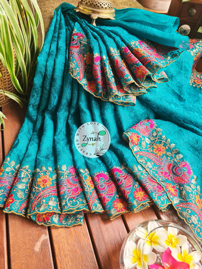 Zynah Designer Pure Kora Silk Saree with Scalloped Border & Thread Embroidery; Custom Stitched/Ready-made Blouse, Fall, Petticoat; Shipping available USA, Worldwide