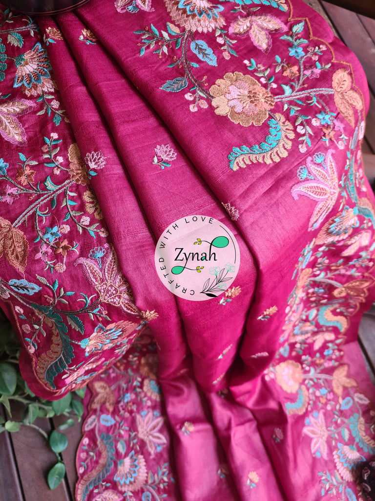 Zynah Pure Tussar Silk Embroidered Saree with Scalloped Border & 2 blouse pieces; Custom Stitched/Ready-made Blouse, Fall, Petticoat; Shipping available USA, Worldwide