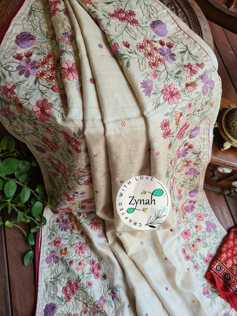 Zynah Pure Tussar Silk Embroidered Saree with 2 blouse pieces; Custom Stitched/Ready-made Blouse, Fall, Petticoat; Shipping available USA, Worldwide