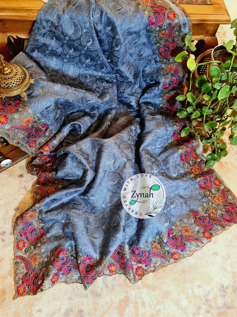 Zynah Designer Pure Kora Silk Saree with Scalloped Border & Thread Embroidery; Custom Stitched/Ready-made Blouse, Fall, Petticoat; Shipping available USA, Worldwide