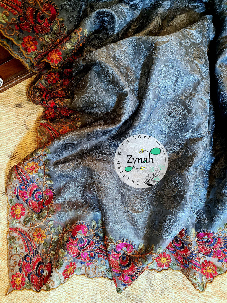 Zynah Designer Pure Kora Silk Saree with Scalloped Border & Thread Embroidery; Custom Stitched/Ready-made Blouse, Fall, Petticoat; Shipping available USA, Worldwide