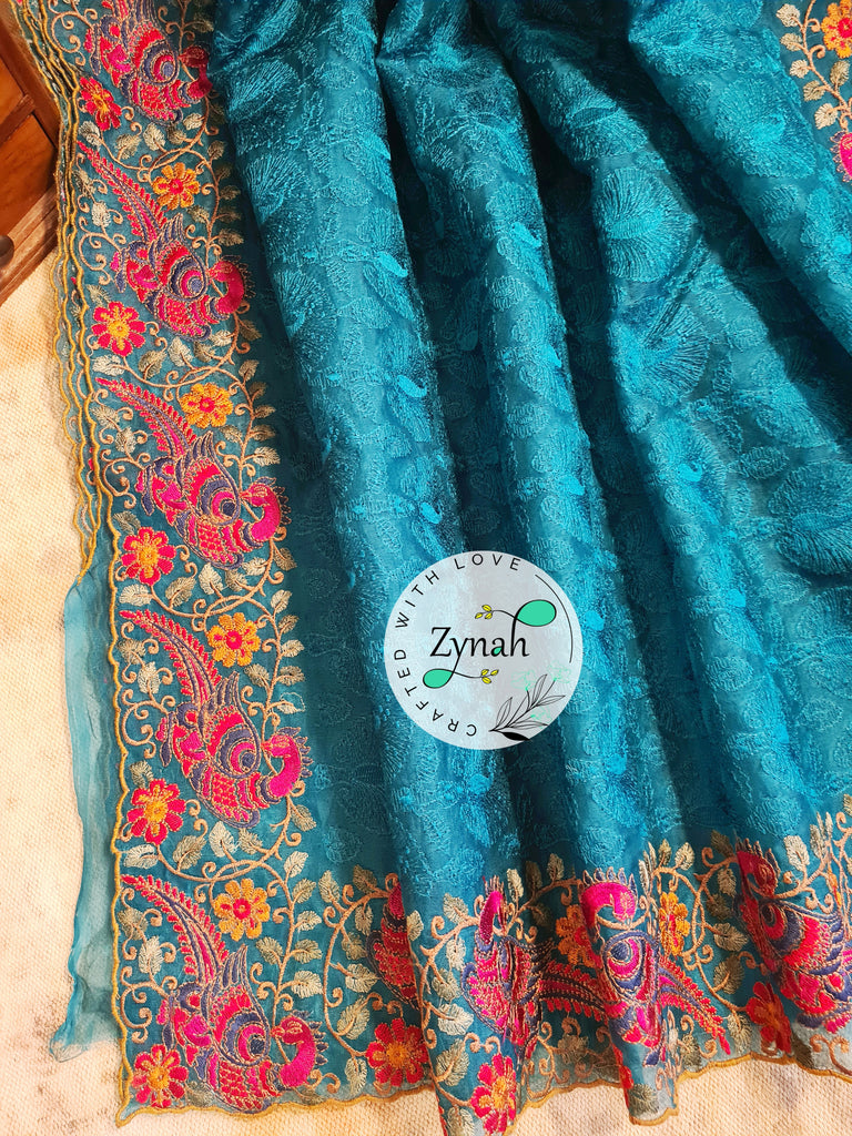 Zynah Designer Pure Kora Silk Saree with Scalloped Border & Thread Embroidery; Custom Stitched/Ready-made Blouse, Fall, Petticoat; Shipping available USA, Worldwide