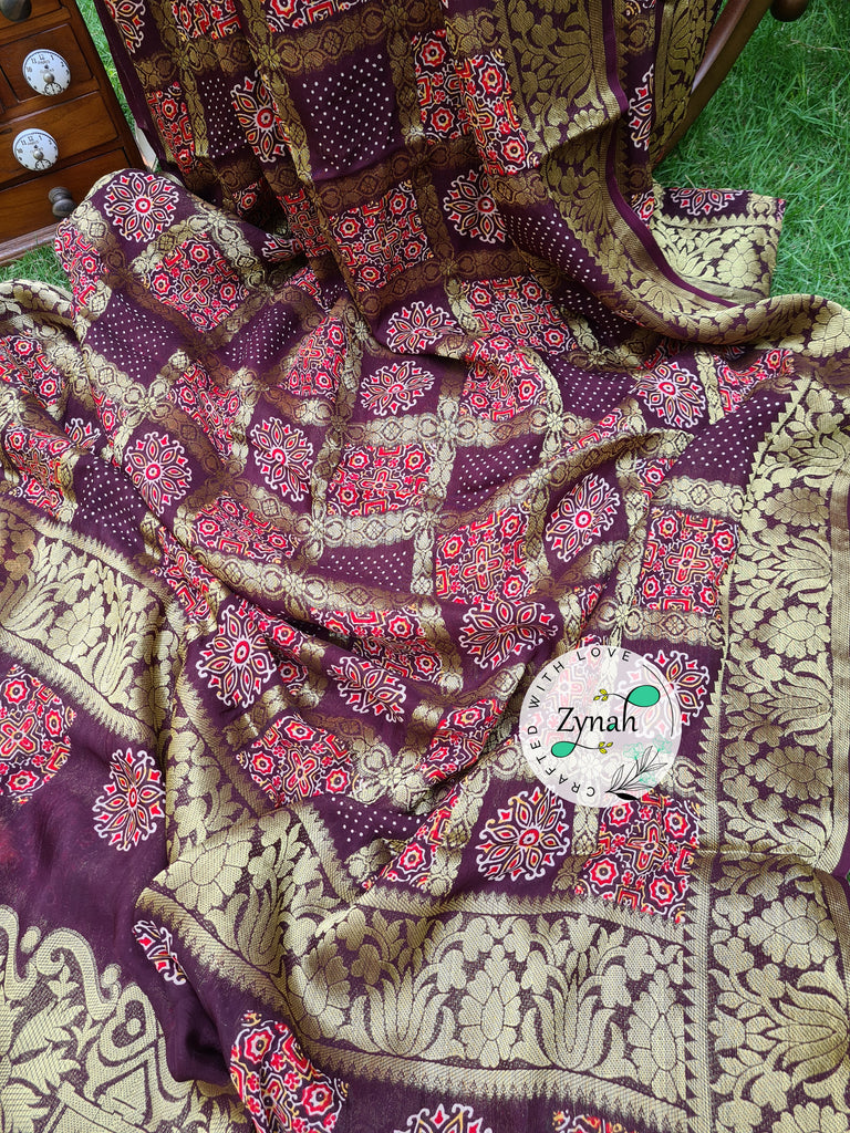 Zynah Pure Munga Silk Saree with Ajrakh Prints & Gharchola Zari Weave; Custom Stitched/Ready-made Blouse, Fall, Petticoat; Shipping available USA, Worldwide