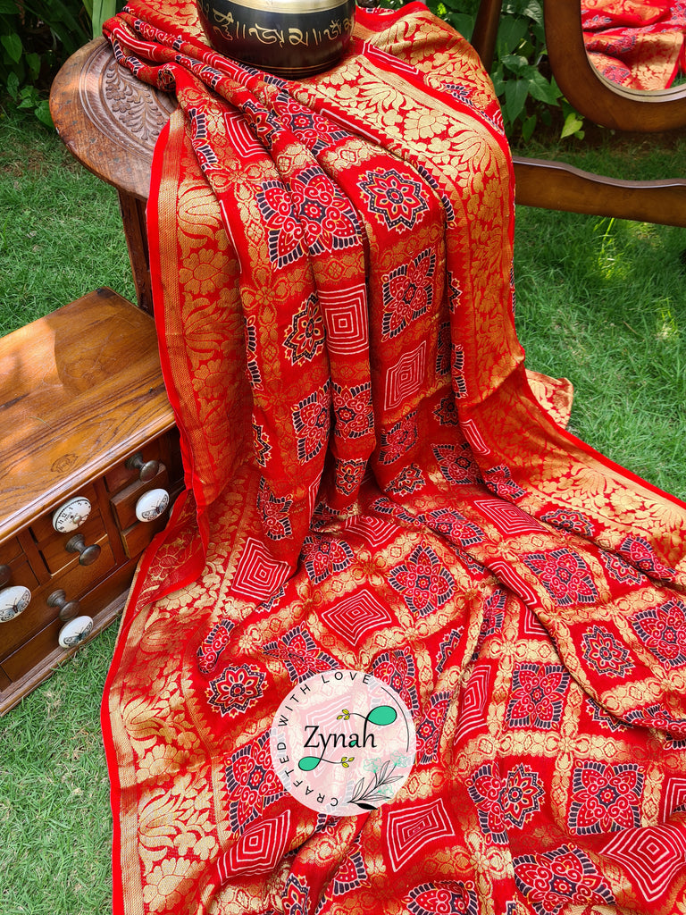 Zynah Pure Munga Silk Saree with Ajrakh Prints & Gharchola Zari Weave; Custom Stitched/Ready-made Blouse, Fall, Petticoat; Shipping available USA, Worldwide