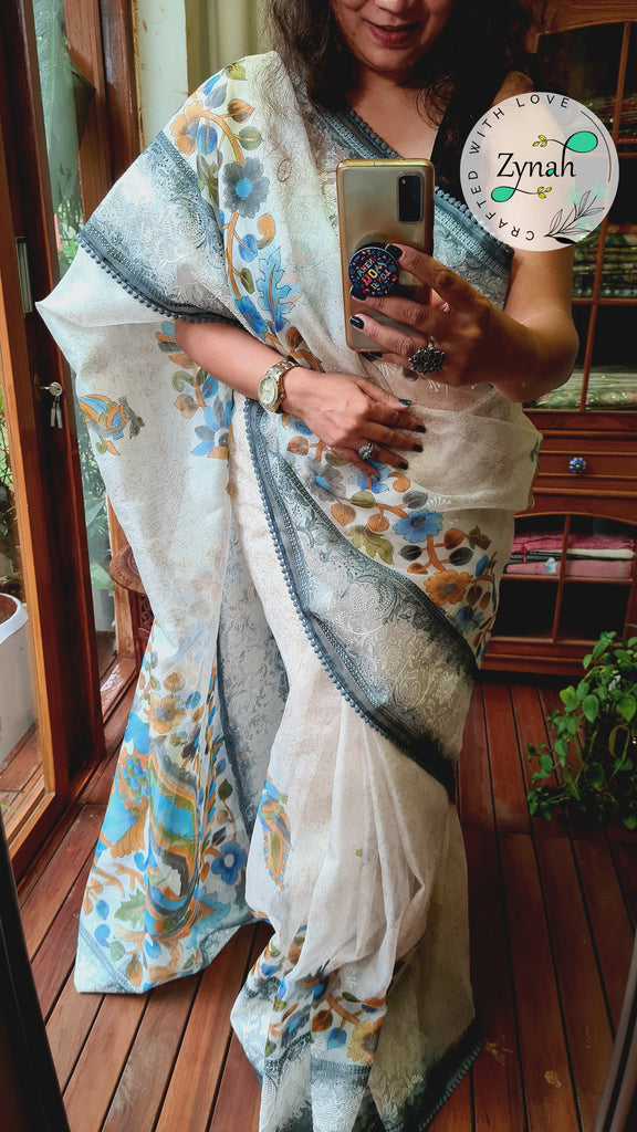 Zynah Premium Quality Pure Kora Silk Saree with Hand-painted Kalamkari Designs, Chikankari Embroidery; Custom Stitched/Ready-made Blouse, Fall, Petticoat; Shipping available USA, Worldwide