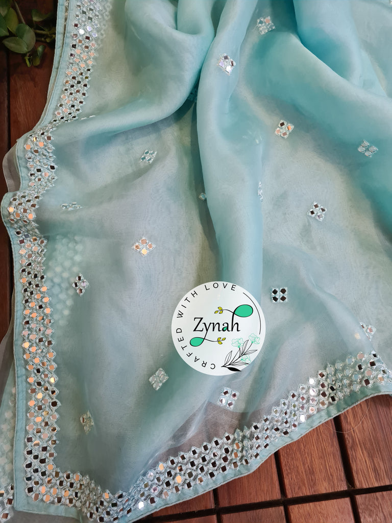 Zynah Pure Organza Silk Saree with Mirror Kutchi Work; Custom Stitched/Ready-made Blouse, Fall, Petticoat; Shipping available USA, Worldwide