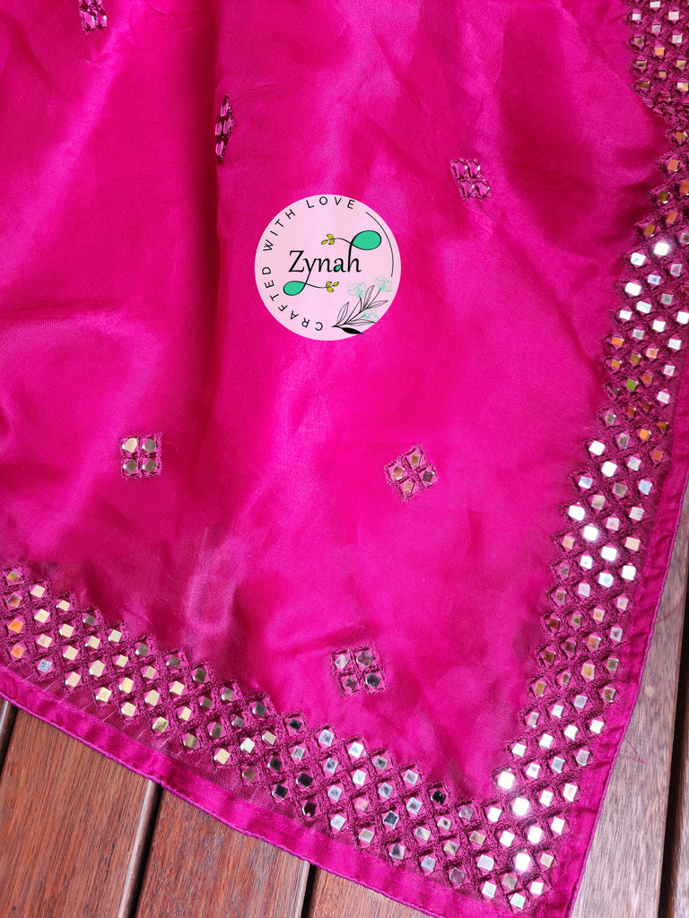 Zynah Pure Organza Silk Saree with Mirror Kutchi Work; Custom Stitched/Ready-made Blouse, Fall, Petticoat; Shipping available USA, Worldwide