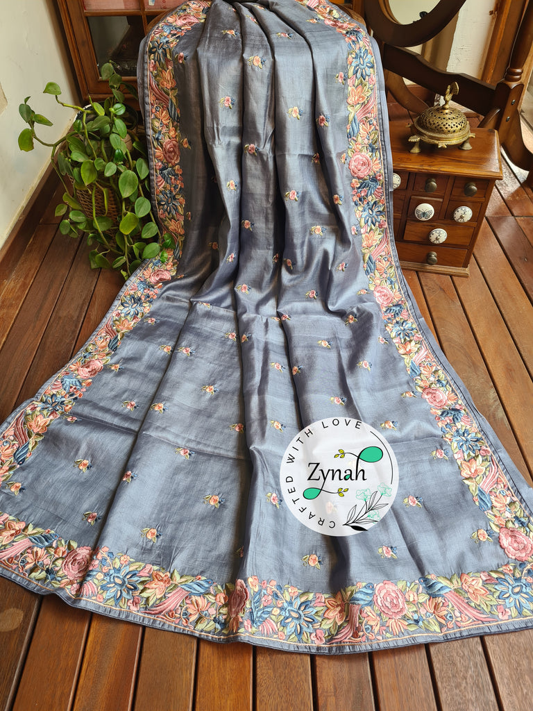 Zynah Grey Color Pure Handwoven Tussar Silk Parsi Gara Inspired Resham Thread Embroidery Saree; Custom Stitched/Ready-made Blouse, Fall, Petticoat; Shipping available USA, Worldwide