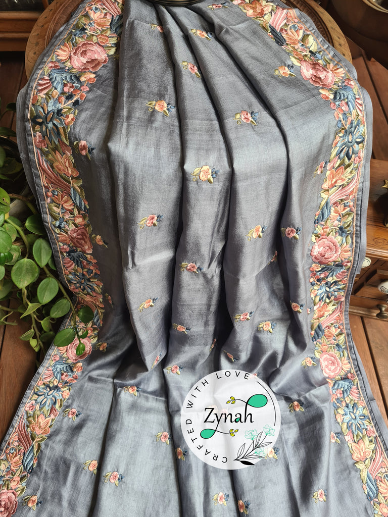 Zynah Grey Color Pure Handwoven Tussar Silk Parsi Gara Inspired Resham Thread Embroidery Saree; Custom Stitched/Ready-made Blouse, Fall, Petticoat; Shipping available USA, Worldwide