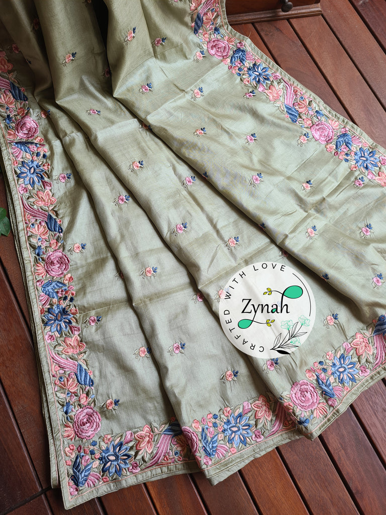 Zynah Pista Green Color Pure Handwoven Tussar Silk Parsi Gara Inspired Resham Thread Embroidery Saree; Custom Stitched/Ready-made Blouse, Fall, Petticoat; Shipping available USA, Worldwide