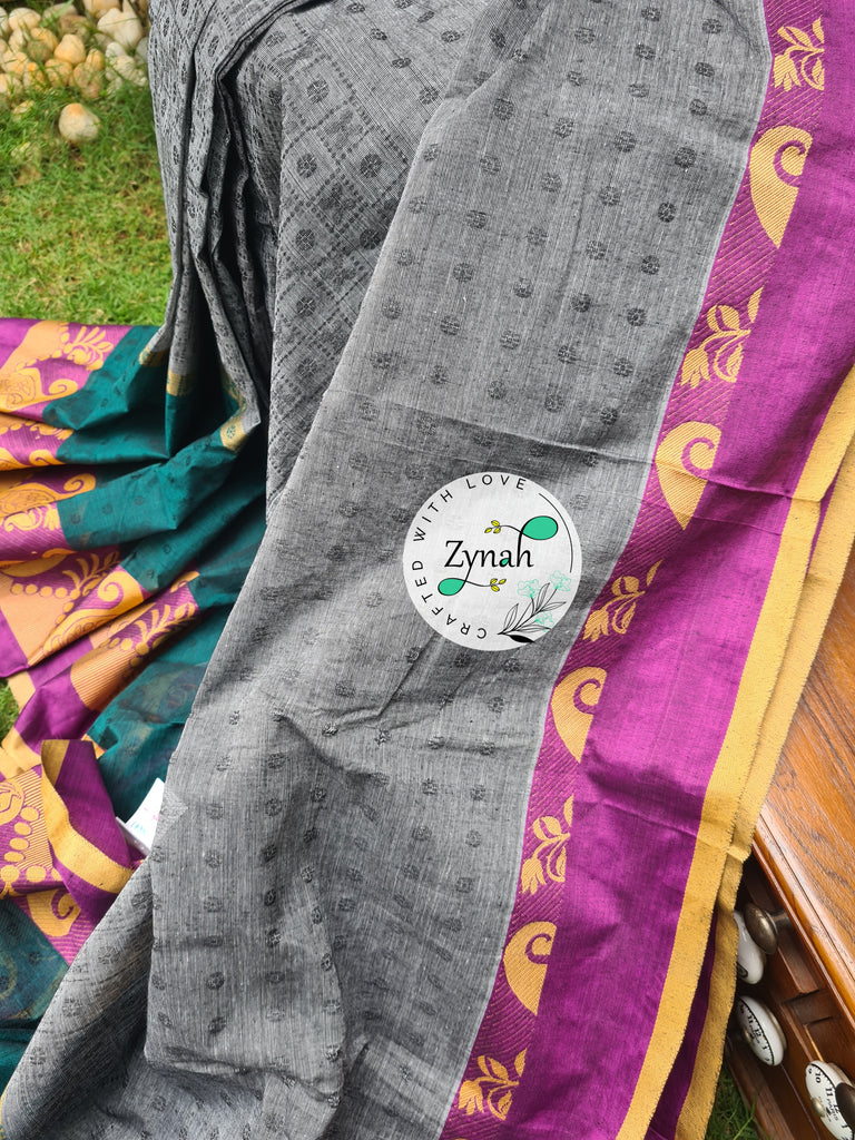 Zynah Grey Color Pure Handspun Cotton Saree with Zari Weave Border; Custom Stitched/Ready-made Blouse, Fall, Petticoat; Shipping available USA, Worldwide