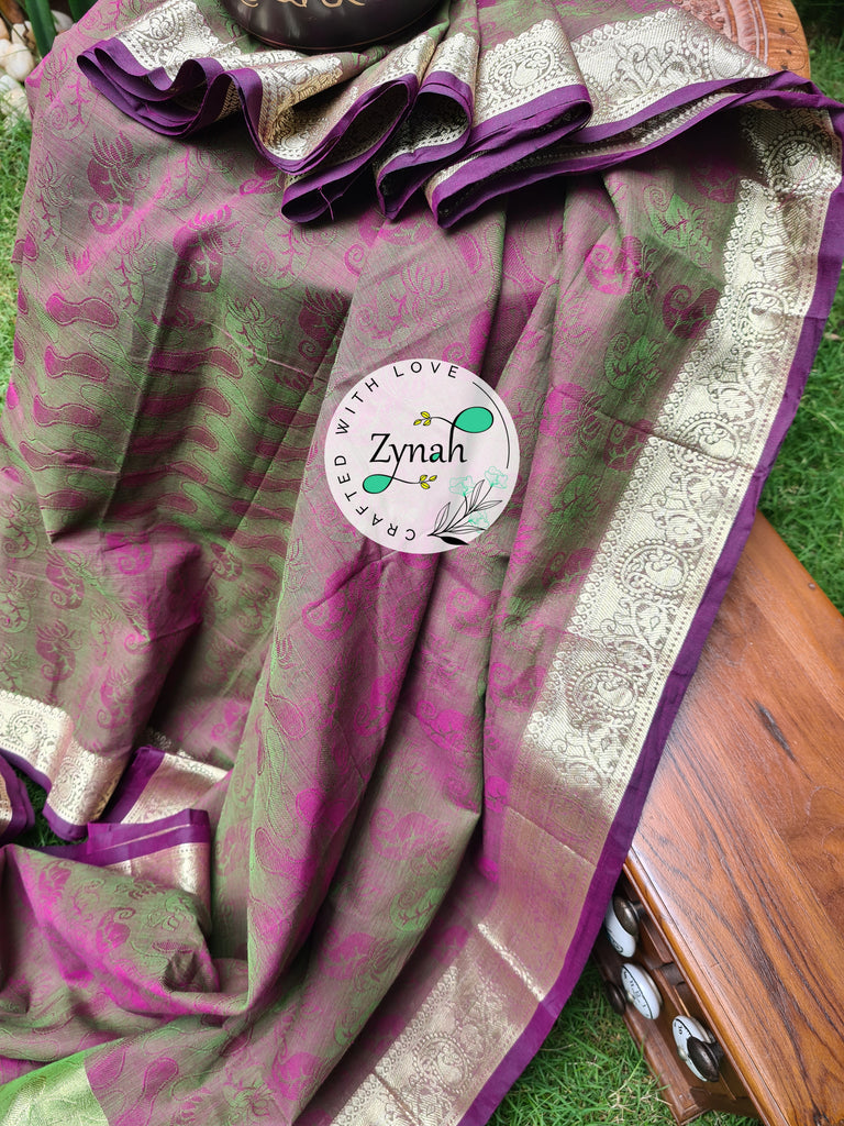 Zynah Violet Color Pure Handspun Cotton Saree with Zari Weave Border; Custom Stitched/Ready-made Blouse, Fall, Petticoat; Shipping available USA, Worldwide