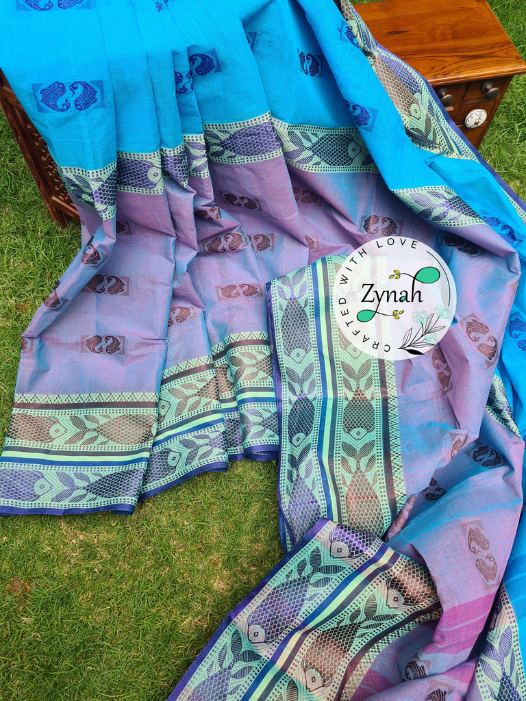 Zynah Blue Color Pure Handspun Cotton Saree with Zari Weave Border; Custom Stitched/Ready-made Blouse, Fall, Petticoat; Shipping available USA, Worldwide