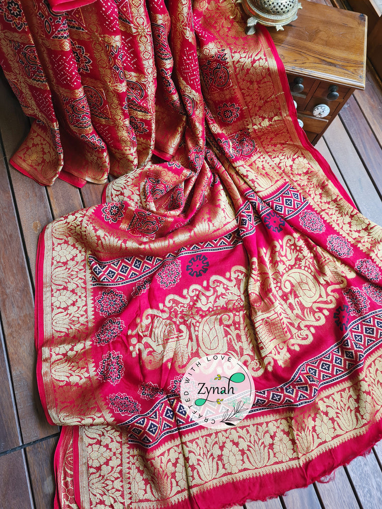 Zynah Pure Munga Silk Saree with Ajrakh Prints & Gharchola Zari Weave; Custom Stitched/Ready-made Blouse, Fall, Petticoat; Shipping available USA, Worldwide