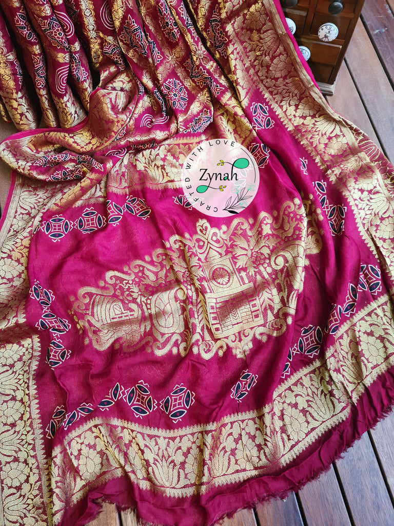 Zynah Pure Munga Silk Saree with Ajrakh Prints & Gharchola Zari Weave; Custom Stitched/Ready-made Blouse, Fall, Petticoat; Shipping available USA, Worldwide