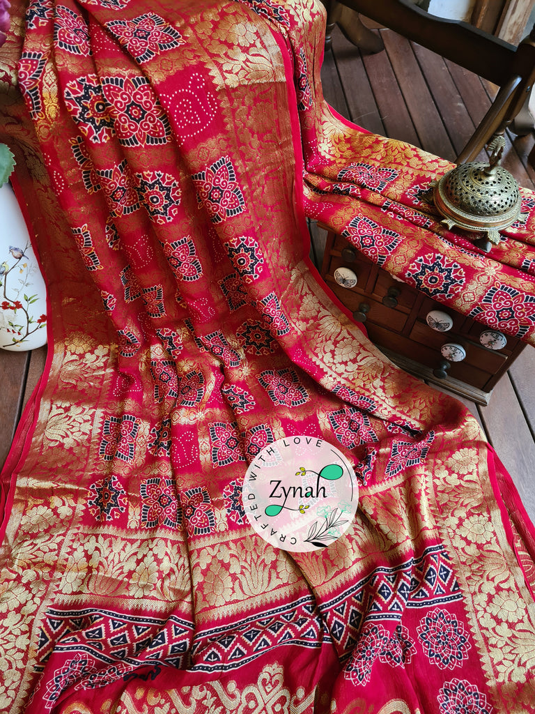 Zynah Pure Munga Silk Saree with Ajrakh Prints & Gharchola Zari Weave; Custom Stitched/Ready-made Blouse, Fall, Petticoat; Shipping available USA, Worldwide