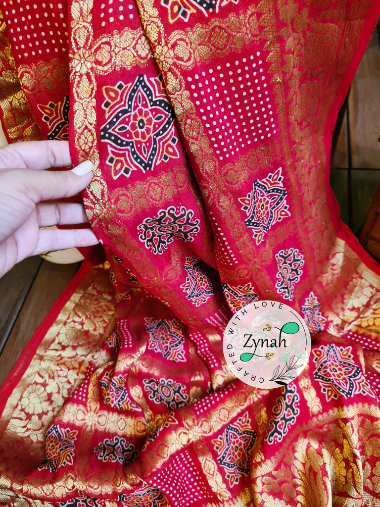Zynah Pure Munga Silk Saree with Ajrakh Prints & Gharchola Zari Weave; Custom Stitched/Ready-made Blouse, Fall, Petticoat; Shipping available USA, Worldwide
