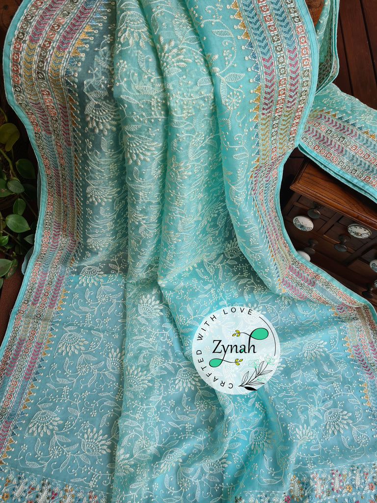 Zynah Powder Blue Color Pure Organza Silk Saree with Kantha Stitch & Chikankari Inspired Embroidery; Custom Stitched/Ready-made Blouse, Fall, Petticoat; Shipping available USA, Worldwide