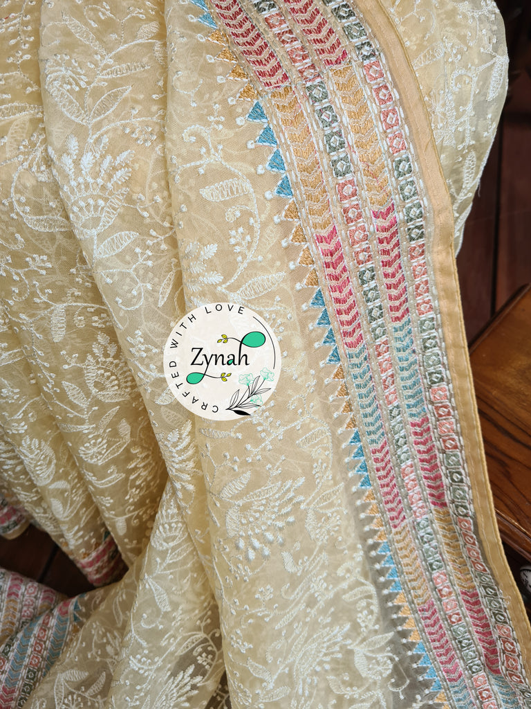 Zynah Butterscotch Yellow Color Pure Organza Silk Saree with Kantha Style Embroidery; Custom Stitched/Ready-made Blouse, Fall, Petticoat; Shipping available USA, Worldwide