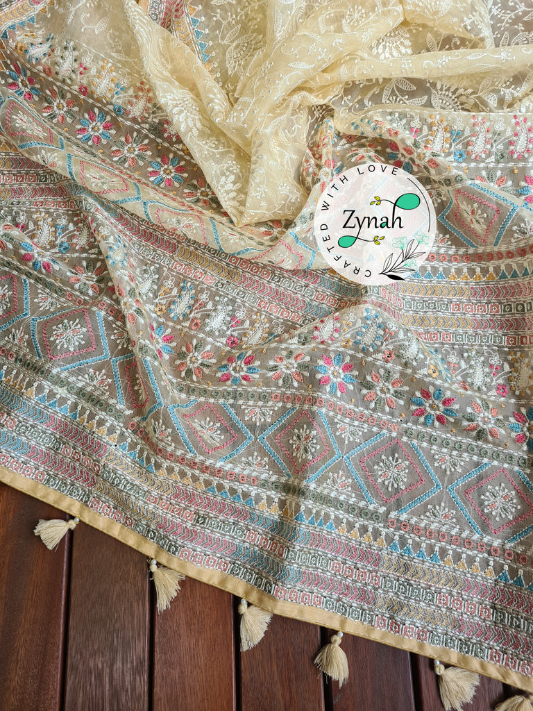 Zynah Butterscotch Yellow Color Pure Organza Silk Saree with Kantha Style Embroidery; Custom Stitched/Ready-made Blouse, Fall, Petticoat; Shipping available USA, Worldwide
