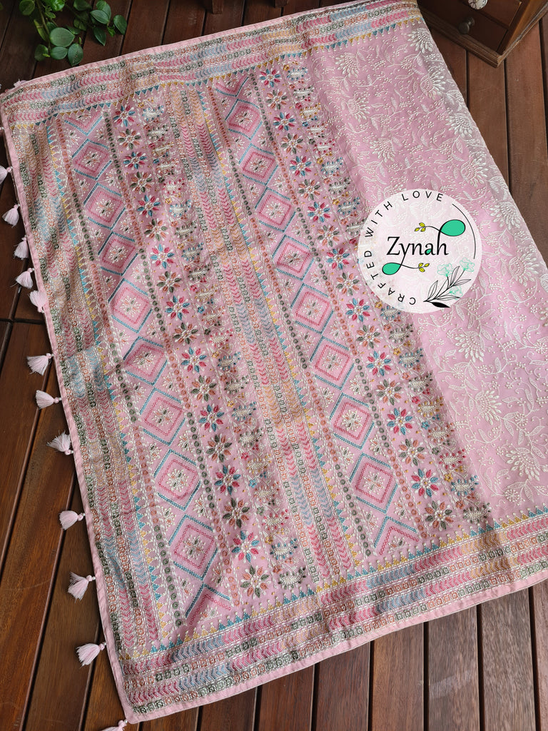 Zynah Pure Organza Silk Saree with Kantha Style Embroidery; Custom Stitched/Ready-made Blouse, Fall, Petticoat; Shipping available USA, Worldwide