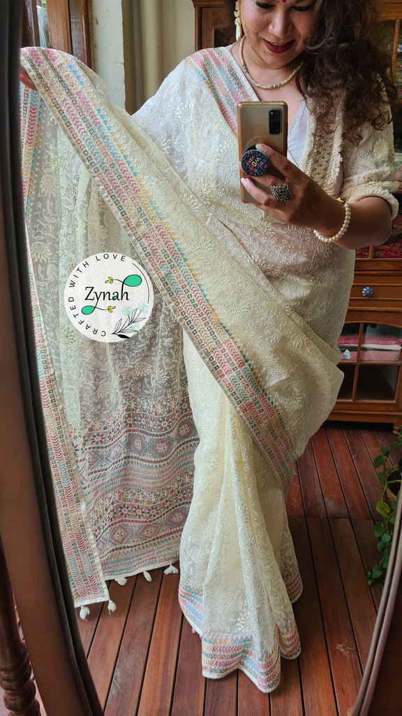 Zynah Off-white Color Pure Organza Silk Saree with Kantha Style Embroidery; Custom Stitched/Ready-made Blouse, Fall, Petticoat; Shipping available USA, Worldwide