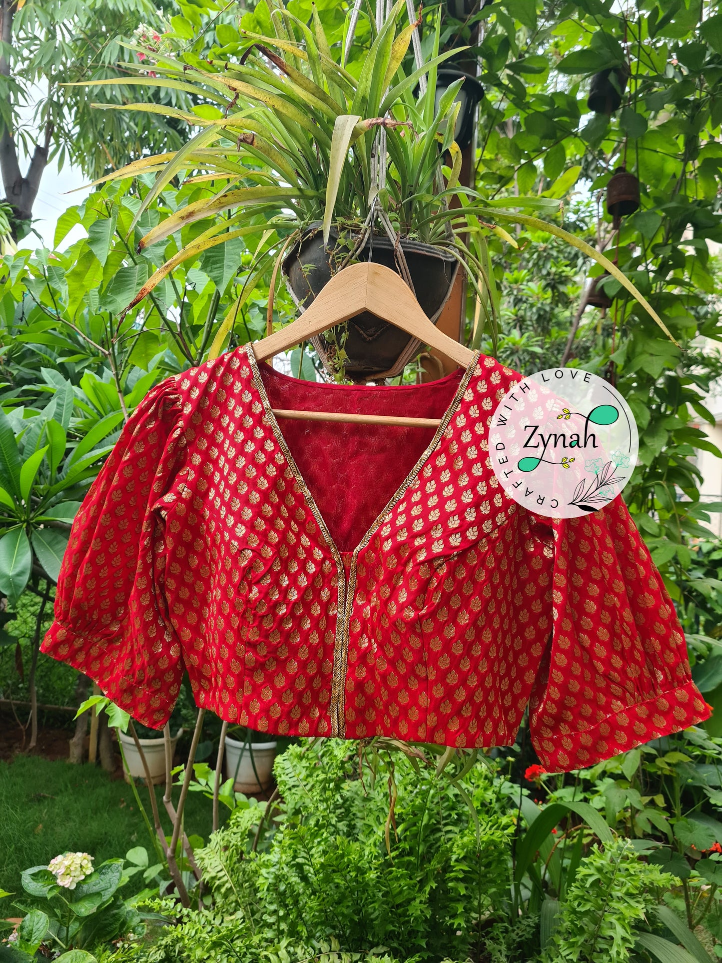Zynah Pre-order Pure Silk Red Color Blouse with Butis weave; Shipping available USA & Worldwide