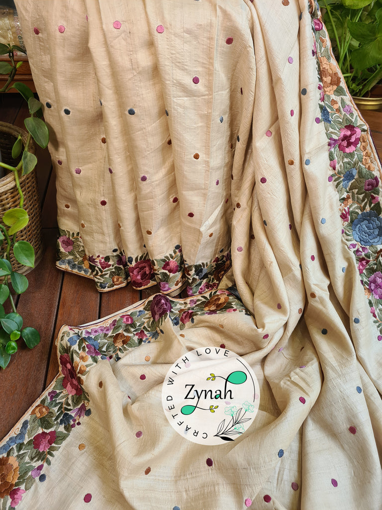 Zynah Off-white Color Made to Order Pure Tussar Silk Parsi Gara Handcrafted Saree; Custom Stitched/Ready-made Blouse, Fall, Petticoat; Shipping available USA, Worldwide