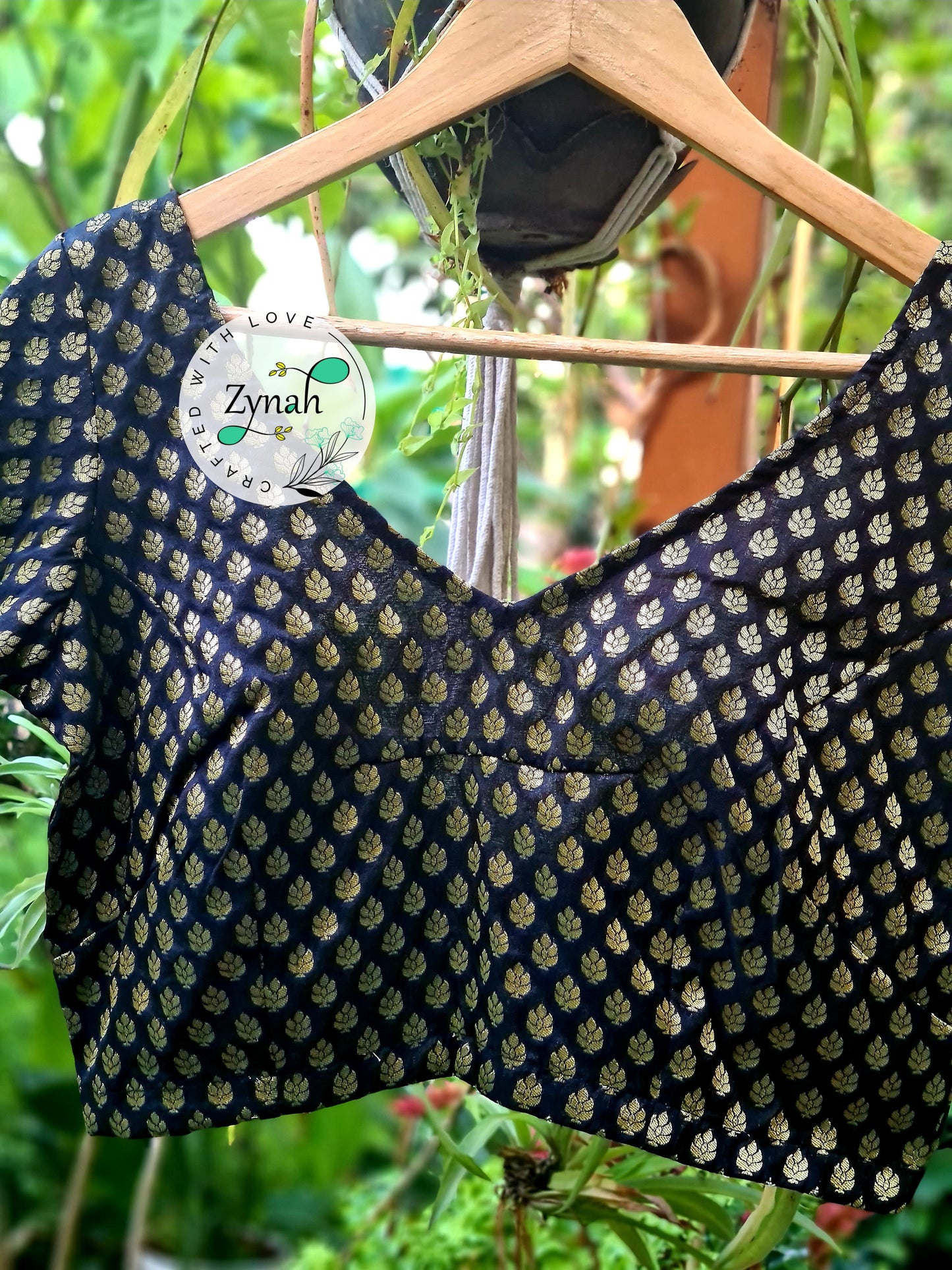 Zynah Pre-order Pure Silk Black Color Blouse with Butis weave; Shipping available USA & Worldwide