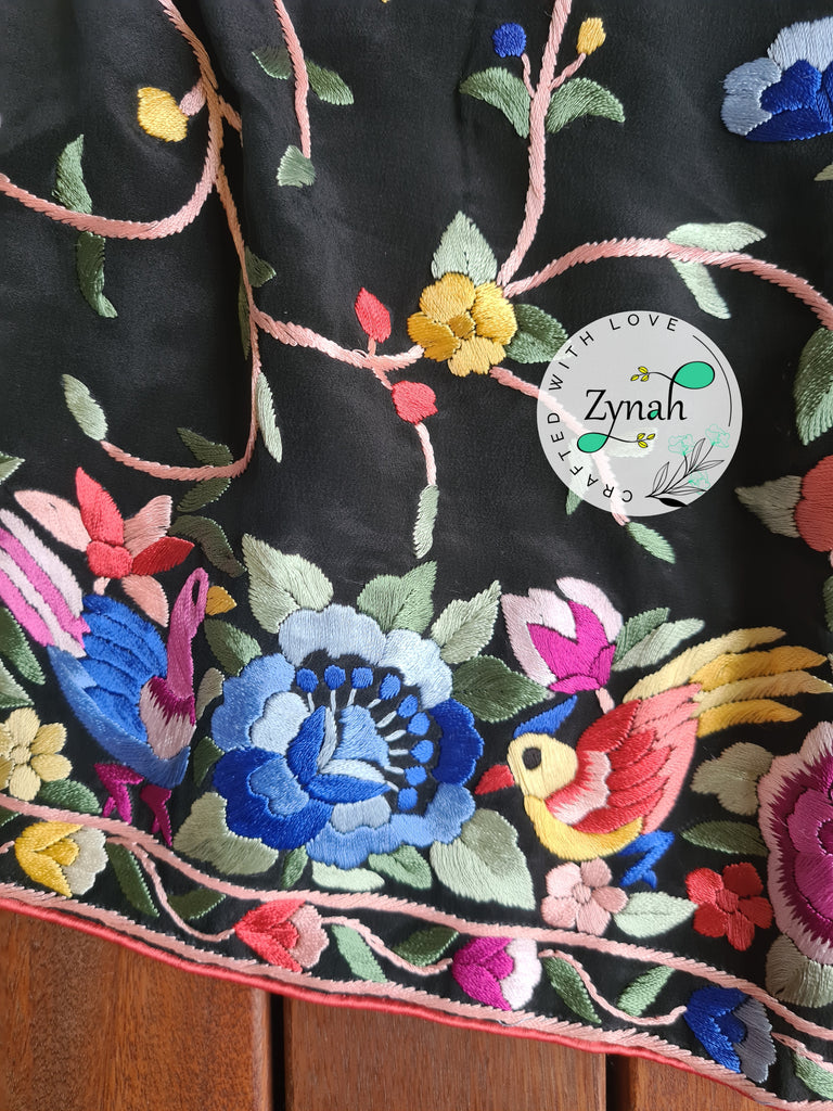 Zynah Black Color Pure Crepe Silk Parsi Gara Handcrafted Saree; Custom Stitched/Ready-made Blouse, Fall, Petticoat; Shipping available USA, Worldwide