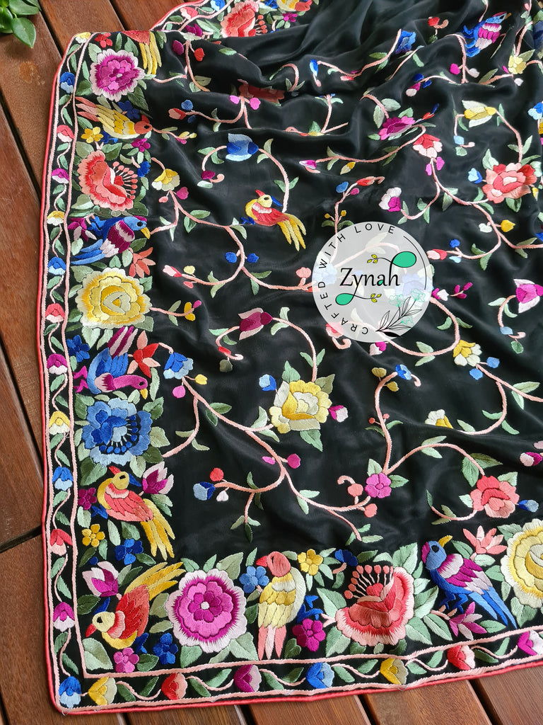 Zynah Black Color Pure Crepe Silk Parsi Gara Handcrafted Saree; Custom Stitched/Ready-made Blouse, Fall, Petticoat; Shipping available USA, Worldwide