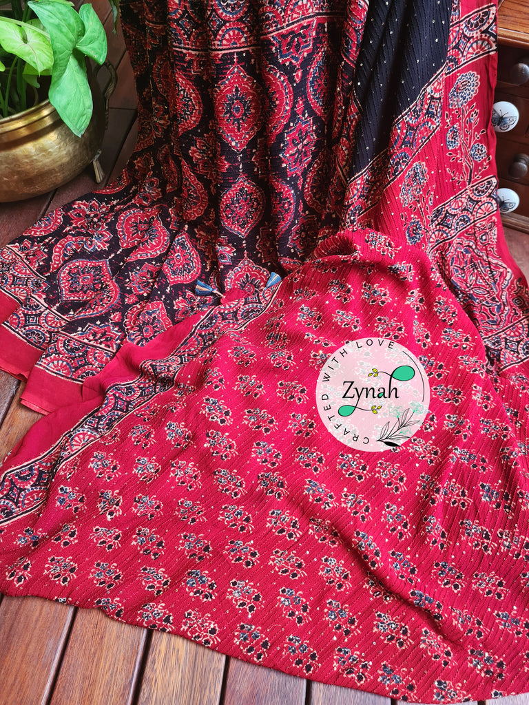 Zynah Black & Red Color Pure Georgette Sequence Work Saree with Ajrakh Handblock Prints; Custom Stitched/Ready-made Blouse, Fall, Petticoat; Shipping available USA, Worldwide