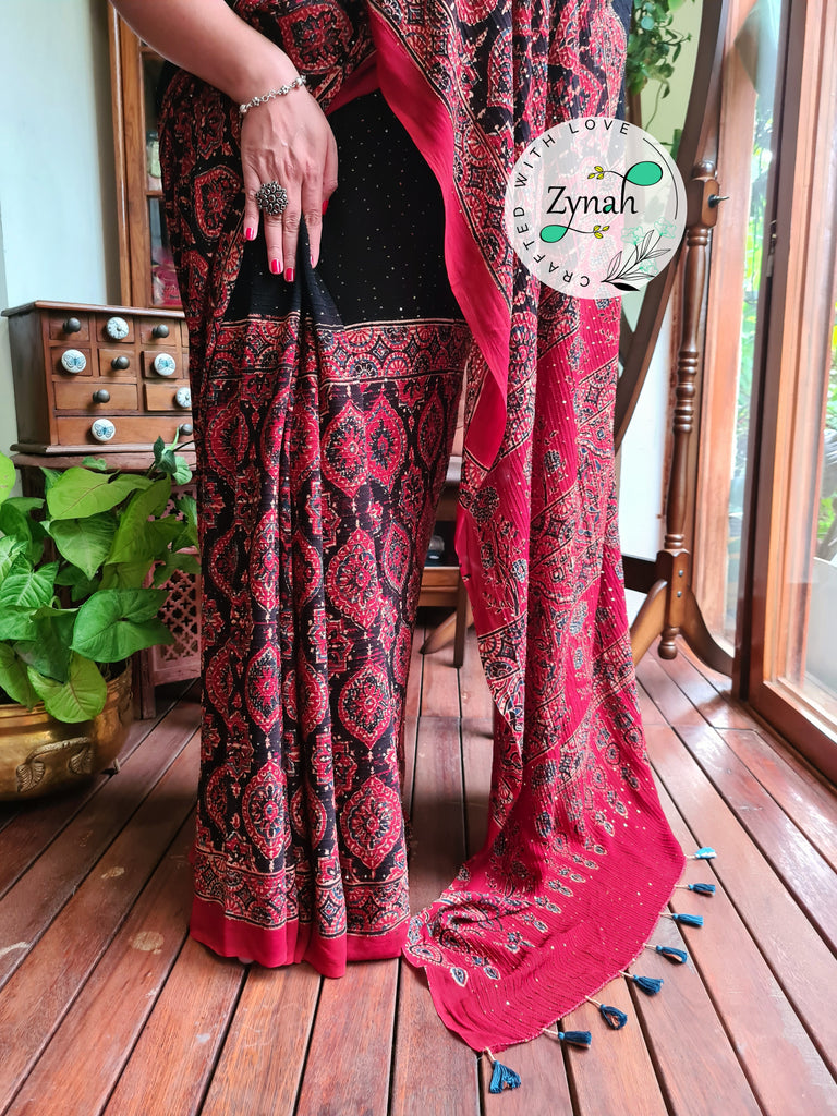 Zynah Black & Red Color Pure Georgette Sequence Work Saree with Ajrakh Handblock Prints; Custom Stitched/Ready-made Blouse, Fall, Petticoat; Shipping available USA, Worldwide