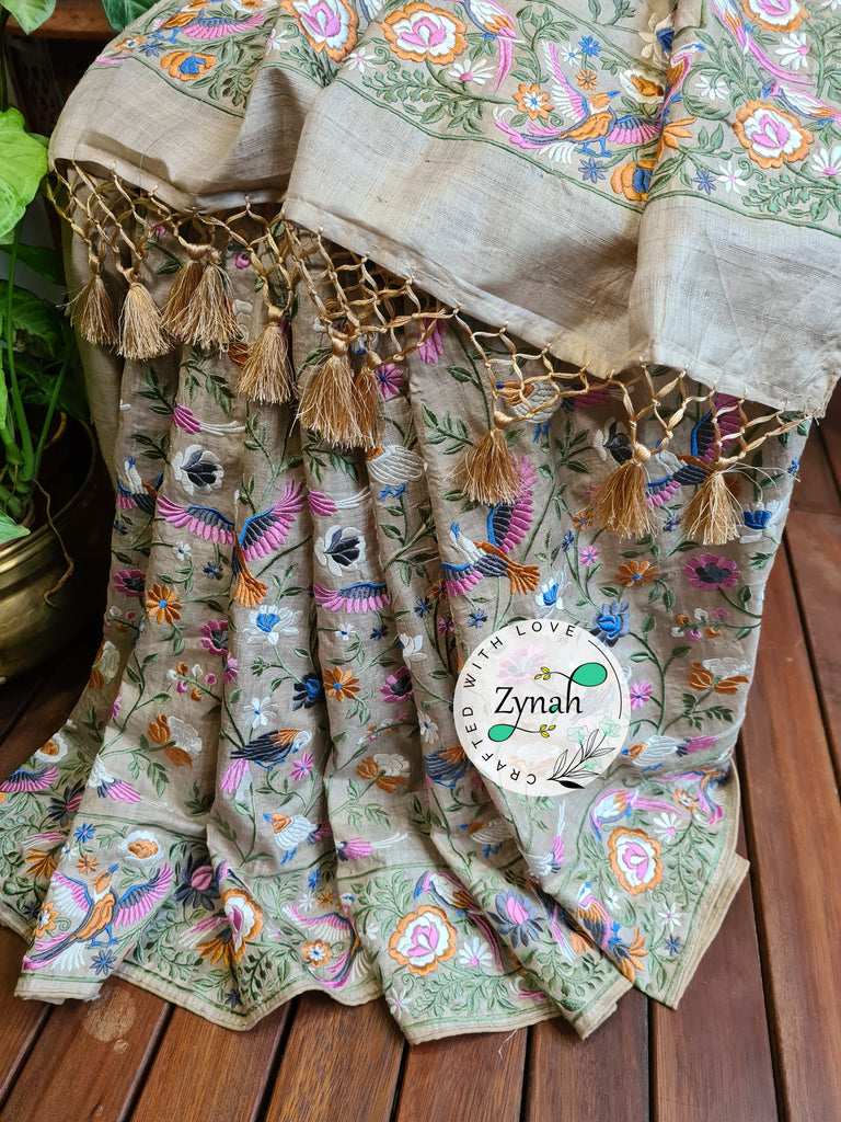 Zynah Tussar Color Pure Tussar Silk Parsi Gara Inspired Embroidery Saree; Custom Stitched/Ready-made Blouse, Fall, Petticoat; Shipping available USA, Worldwide