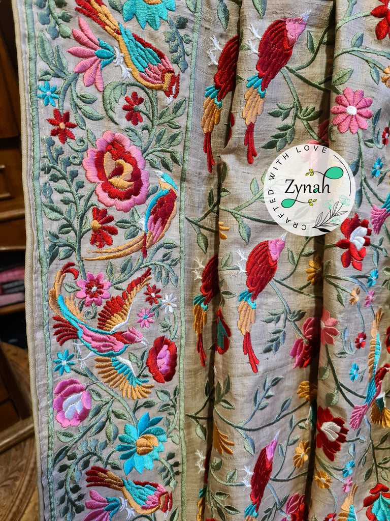 Zynah Tussar Color 2 Pure Tussar Silk Parsi Gara Inspired Embroidery Saree; Custom Stitched/Ready-made Blouse, Fall, Petticoat; Shipping available USA, Worldwide