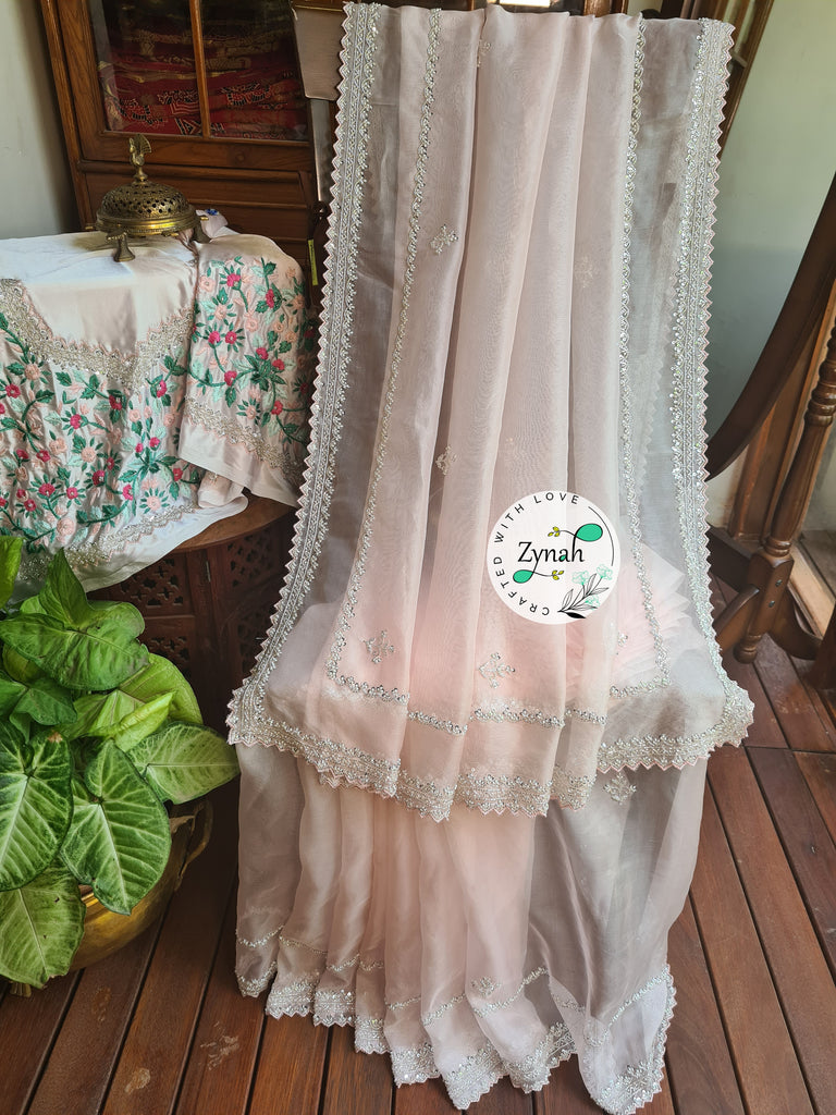 Zynah Light Pink Color Pure Organza Silk Saree with Sequence, Pearls & Cut-dana Work; Custom Stitched/Ready-made Blouse, Fall, Petticoat; Shipping available USA, Worldwide