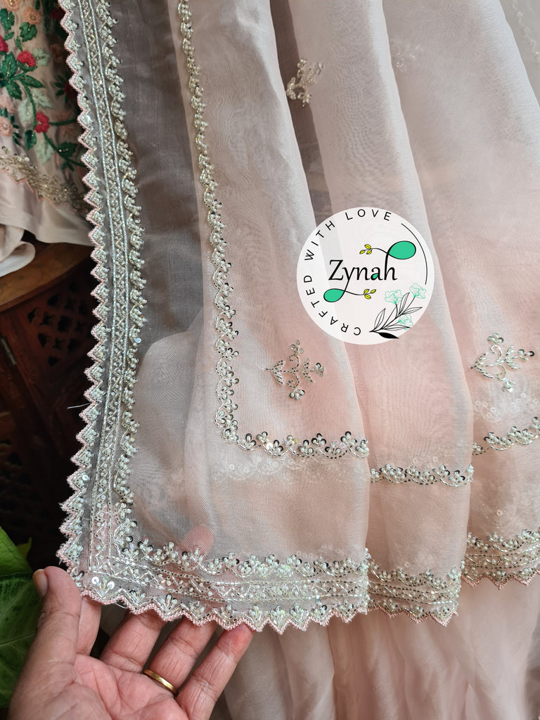 Zynah Light Pink Color Pure Organza Silk Saree with Sequence, Pearls & Cut-dana Work; Custom Stitched/Ready-made Blouse, Fall, Petticoat; Shipping available USA, Worldwide