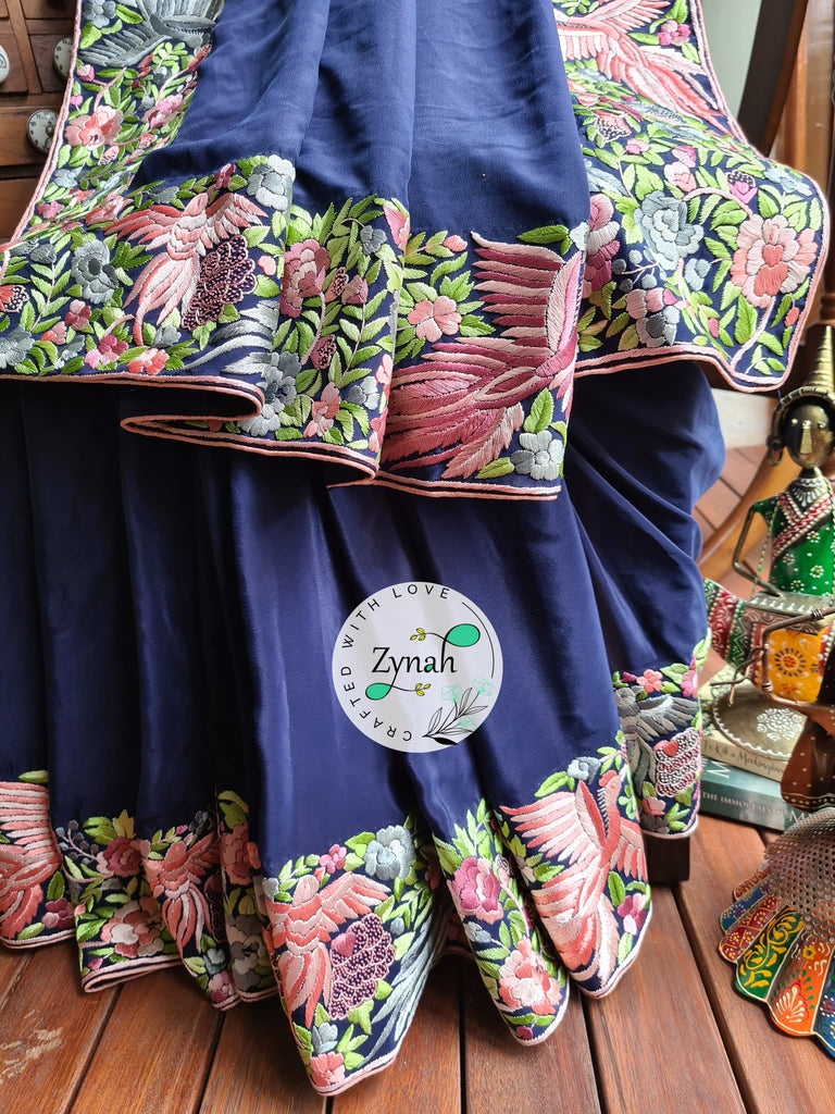 Zynah Blue Color Made to Order Pure Crepe Silk Parsi Gara Handcrafted Saree; Custom Stitched/Ready-made Blouse, Fall, Petticoat; Shipping available USA, Worldwide