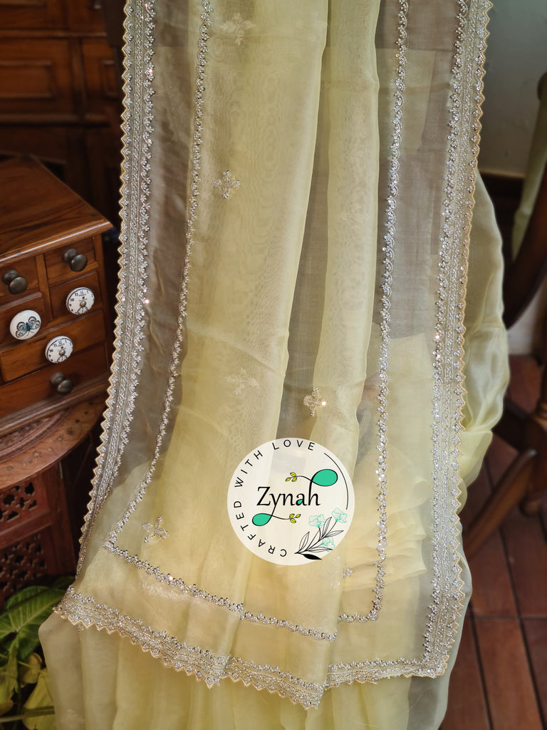 Zynah Yellow Color Pure Organza Silk Saree with Sequence, Pearls & Cut-dana Work; Custom Stitched/Ready-made Blouse, Fall, Petticoat; Shipping available USA, Worldwide