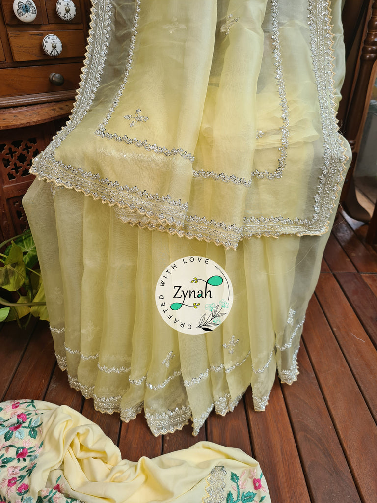 Zynah Yellow Color Pure Organza Silk Saree with Sequence, Pearls & Cut-dana Work; Custom Stitched/Ready-made Blouse, Fall, Petticoat; Shipping available USA, Worldwide