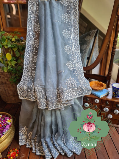 Zynah Grey Color Organza Silk Saree with Cut-dana Work, Pearls, Beads, Gotapatti Work; Custom Stitched/Ready-made Blouse, Fall, Petticoat; Shipping available USA, Worldwide